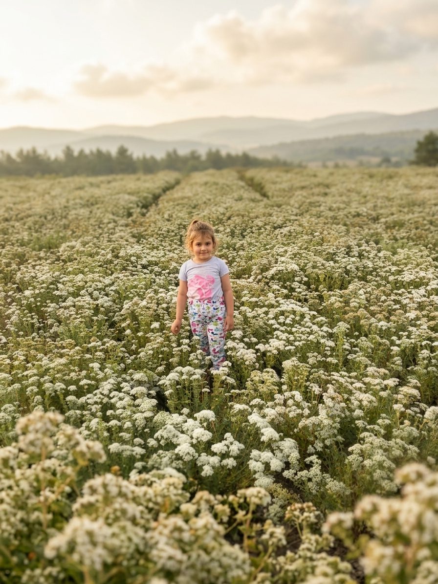 Nil Gül in a flowering oregano field, 2019