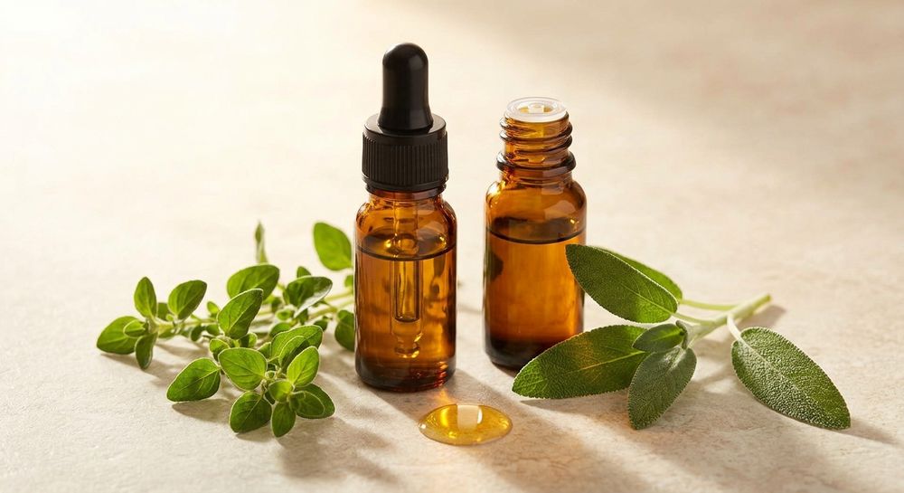 Amber bottles of oregano and sage essential oil beside fresh herbs